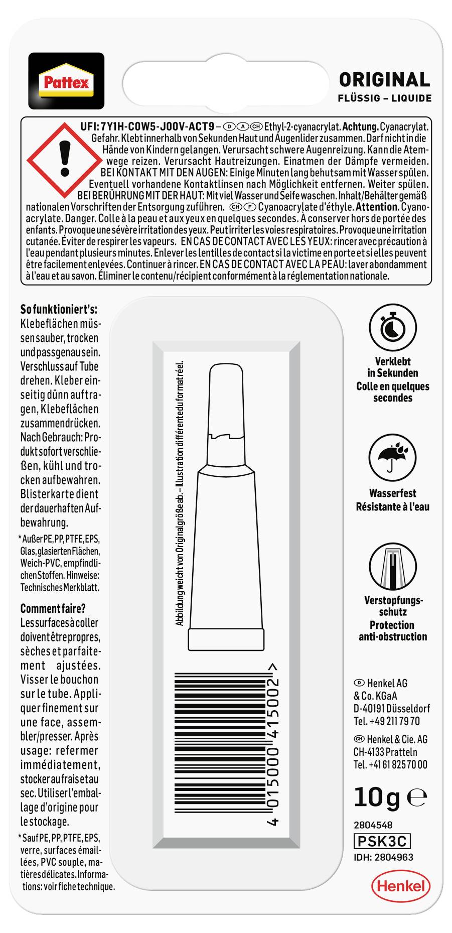 Un paquet étiqueté 'Pattex Original Flüssig - Liquide' avec des avertissements, des instructions d'utilisation et des coordonnées de contact. Contient un petit tube d'adhésif.