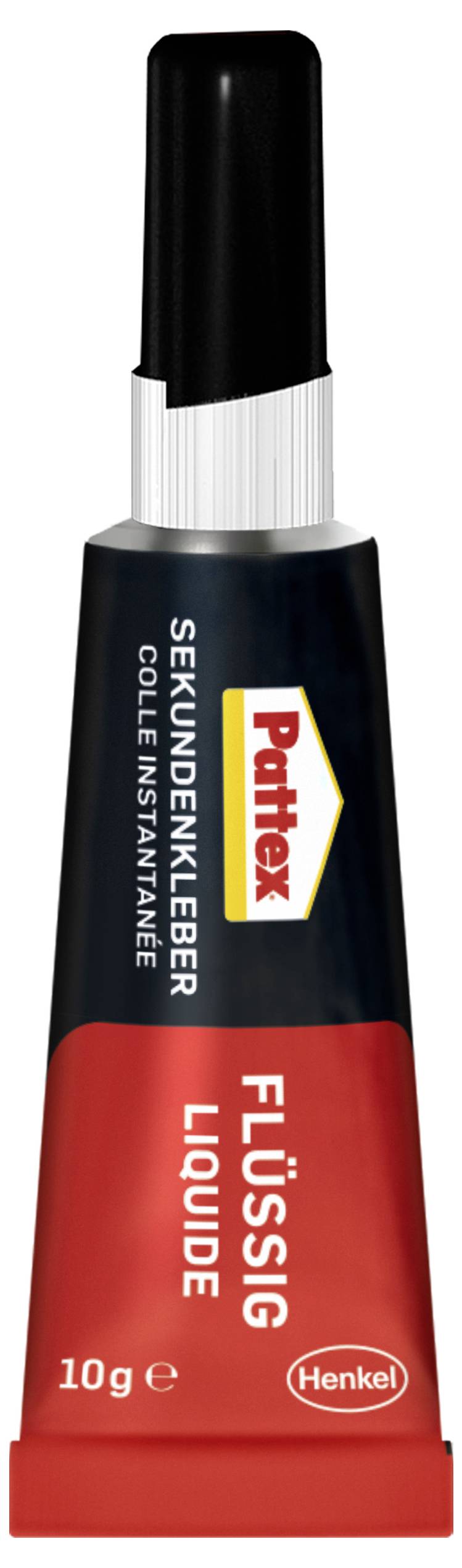 Tube de colle liquide Pattex, 10g, avec design rouge et noir, étiqueté en allemand, français et anglais.