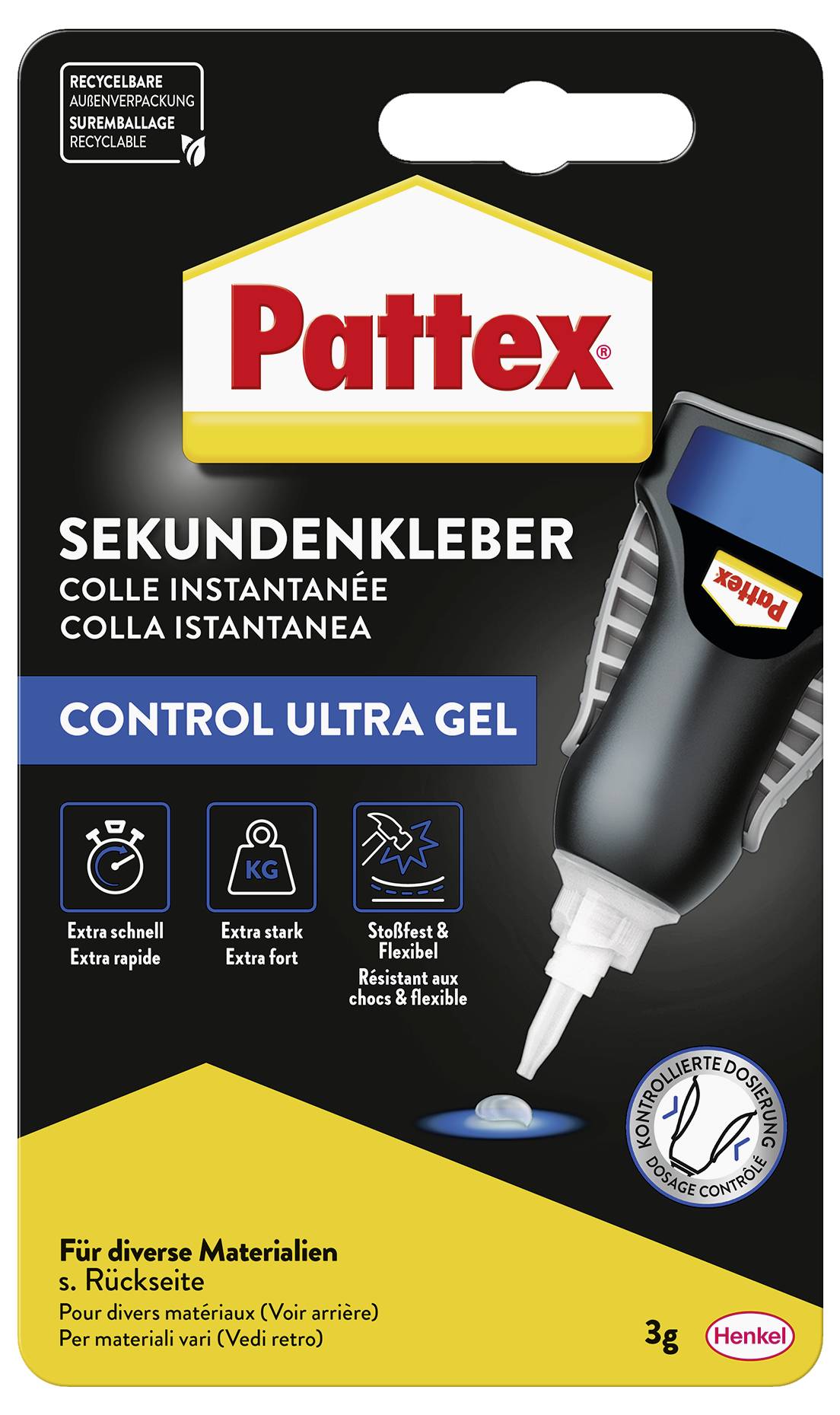 Emballage de Pattex Control Ultra Gel, un adhésif instantané de 3g. Caractéristiques comprenant une prise rapide, une liaison solide et une application précise. Adapté à divers matériaux.