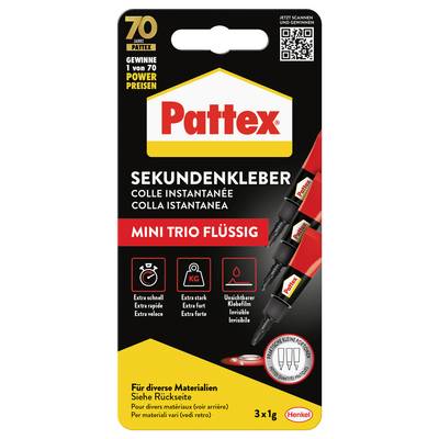 Paquet de Pattex Mini Trio Liquide colle super glue comprenant trois petits tubes. Points forts : séchage rapide, liaison puissante et lignes de collage invisibles. Adapté à différents matériaux.