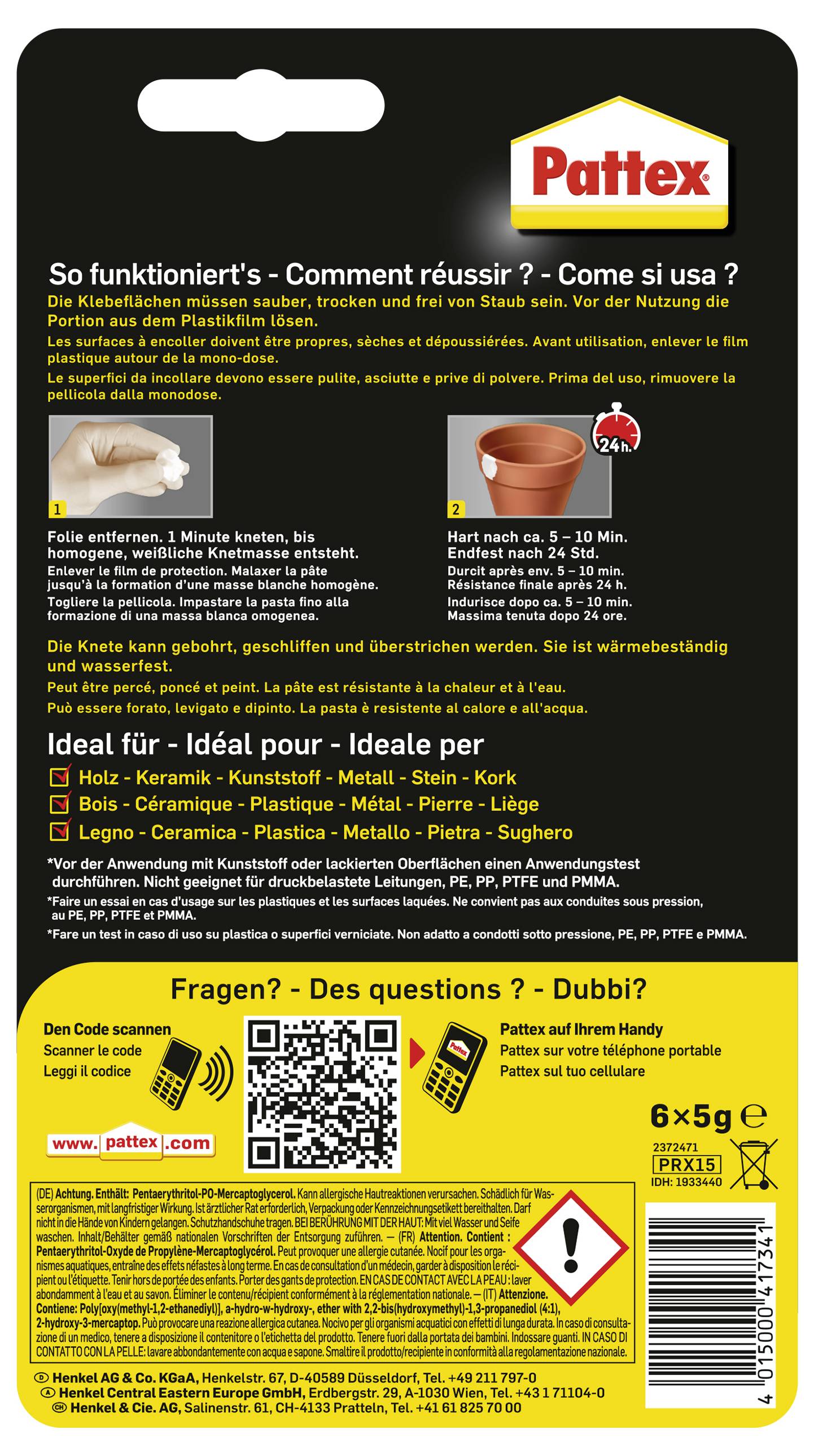 Vue de face d'un emballage de colle Pattex multilingue. Les instructions et les matériaux recommandés sont indiqués. Comprend des icônes de sécurité et les coordonnées de contact.