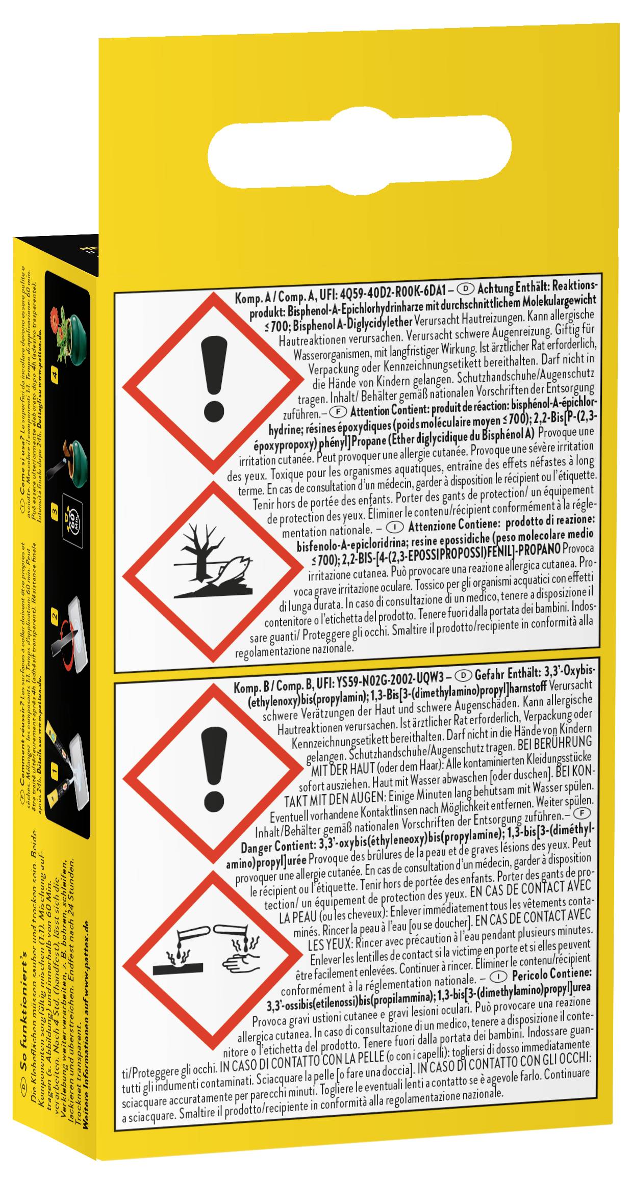 Emballage avec des symboles d'avertissement : un point d'exclamation, un arbre mort avec un poisson, et des mains sous un liquide. Le texte met en garde contre les dangers et les précautions à prendre.