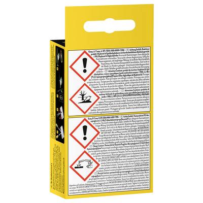 L'image montre un emballage de produit jaune comportant des symboles de danger et un texte d'avertissement indiquant les risques potentiels et les instructions de sécurité.