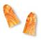 Deux bouchons auriculaires aux motifs de spirales jaunes et orange, semblant doux et texturés, disposés côte à côte sur un fond blanc.