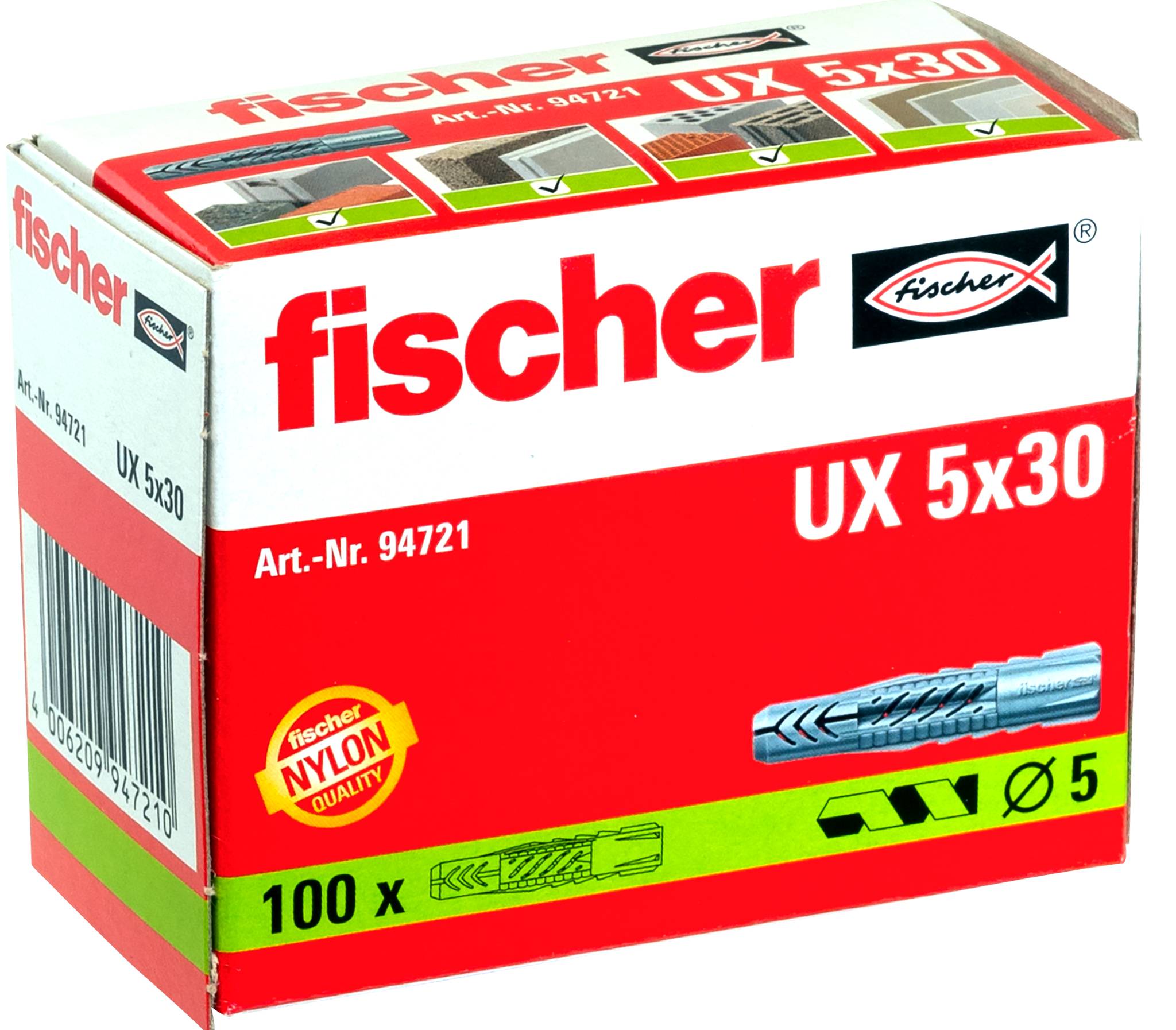Boîte de chevilles Red Fischer UX 5x30 en nylon pour montage mural, étiquetée « 100 x » avec taille de foret 5 et numéro de produit 94721.