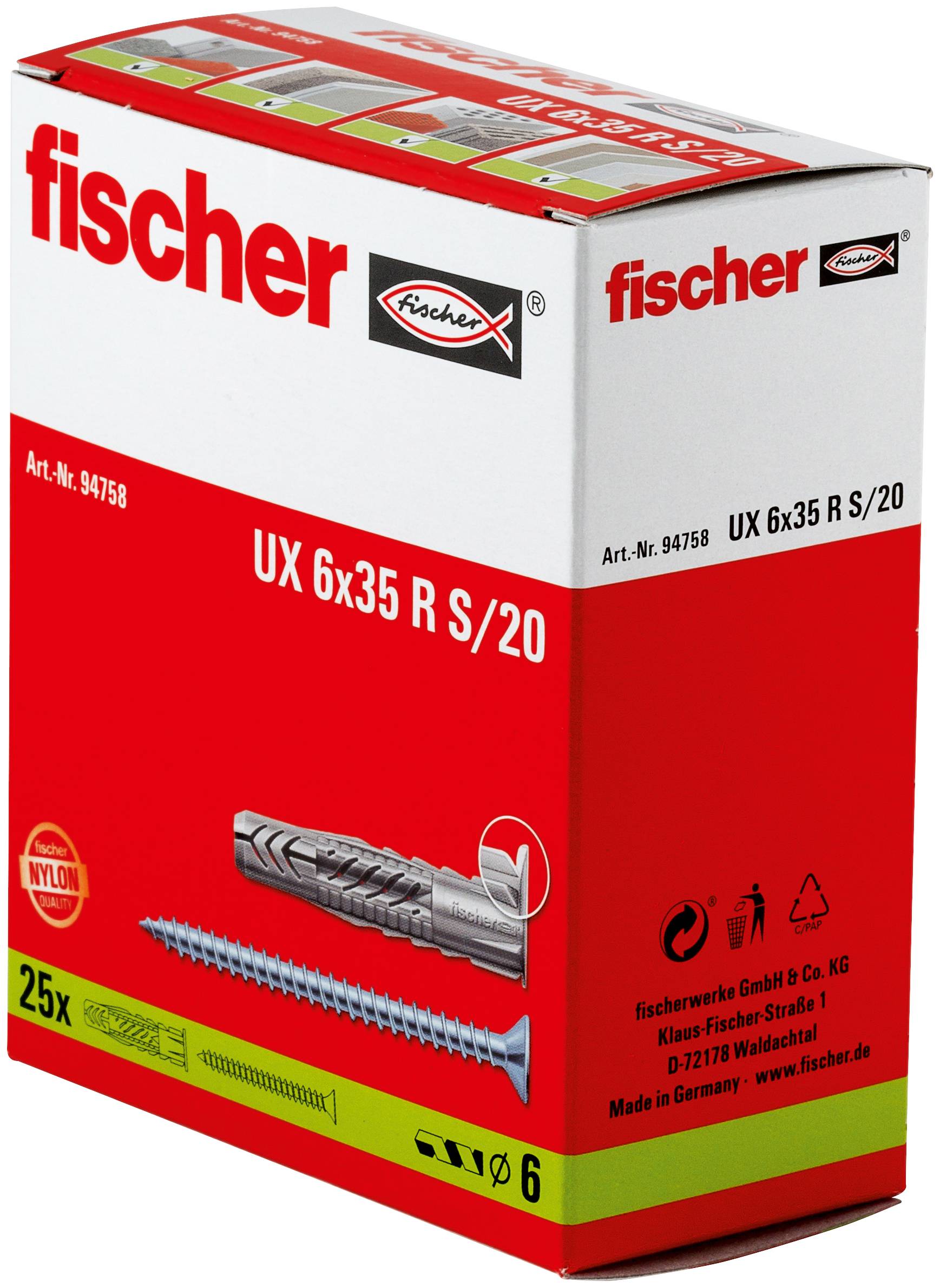 Boîte de chevilles murales Fischer UX 6x35 R S/20, montrant le nom du produit, la taille et une illustration de vis et de cheville sur un emballage rouge et blanc.