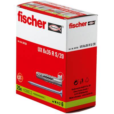 Boîte de chevilles murales Fischer UX 6x35 R S/20, montrant le nom du produit, la taille et une illustration de vis et de cheville sur un emballage rouge et blanc.