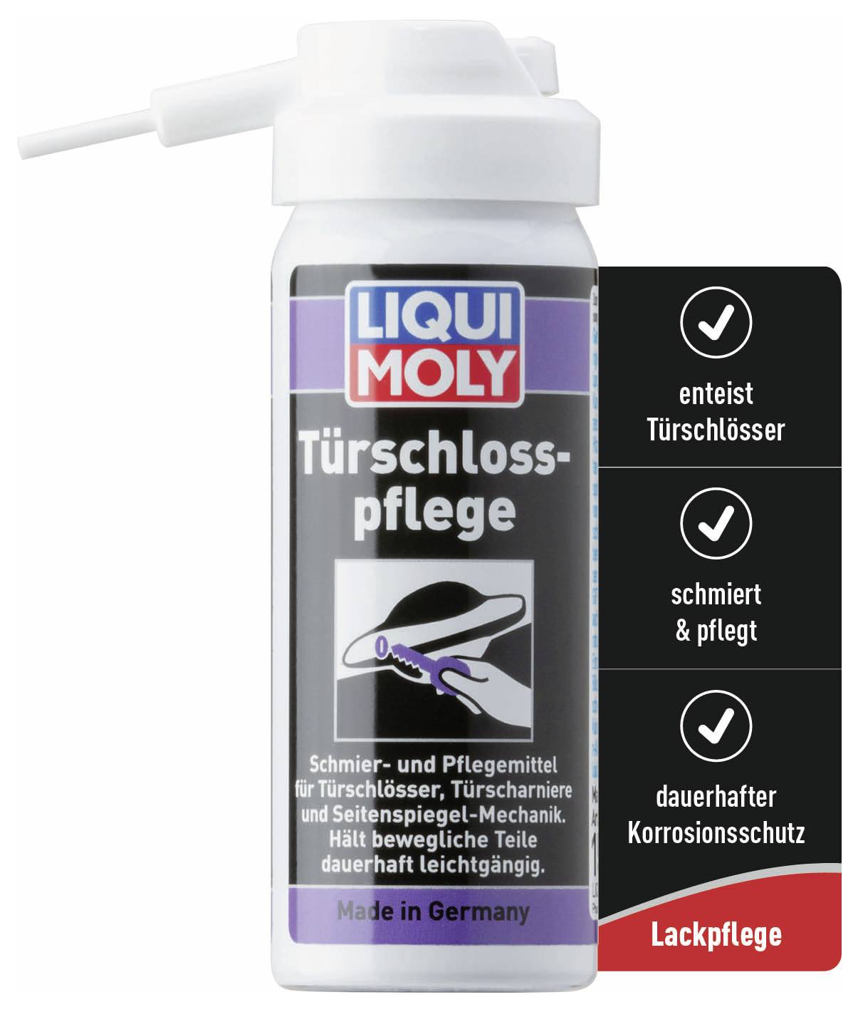 Une bouteille de lubrifiant pour serrures de Liqui Moly avec pulvérisateur. L'étiquette décrit l'utilisation pour la lubrification et l'entretien des serrures de portes.