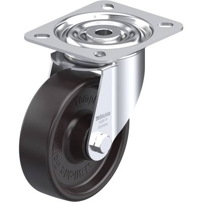 Une roue noire avec un support argenté et une plaque de fixation rectangulaire, utilisée pour des meubles ou des appareils.