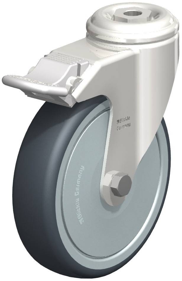 Roulette de guidage industrielle en métal avec roue en caoutchouc gris et frein, adaptée aux charges lourdes et offrant une fixation stable sur les équipements.