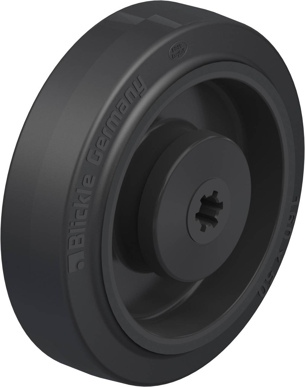 Roue en plastique noir, vue en coupe transversale, portant l'inscription 'Blickle Germany'.
