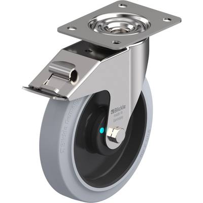 Une roulette de guidage grise avec support argenté et frein, adaptée aux chariots de transport, fabriquée en Allemagne par l'entreprise Blickle.