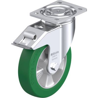 Roulette pivotante avec bandage en caoutchouc vert et plaque métallique, fabriquée en Allemagne, adaptée pour une utilisation dans l'industrie et la fabrication de meubles.