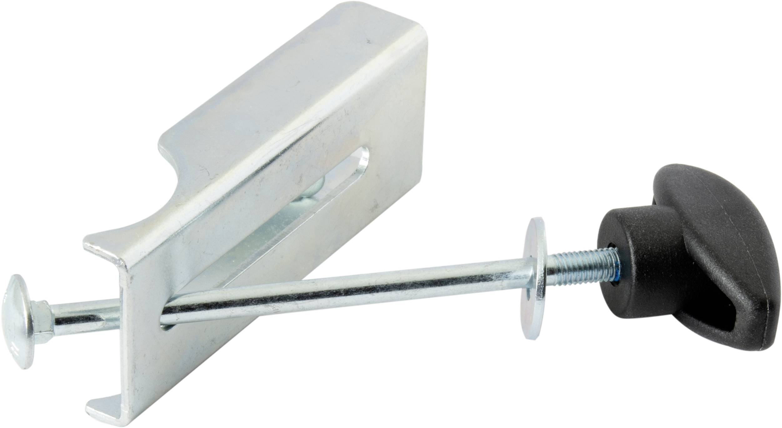 Équerre de montage métallique avec mécanisme de fixation par vis et poignée en plastique, destinée à fixer des objets sur une surface.