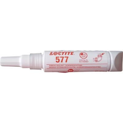 Tube blanche Loctite 577 d'étanchéité pour filetages, texte et symboles rouges. Adapté pour les raccordements filetés métalliques.