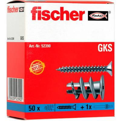 Emballage de cheville murale Fischer GKS, montrant l'Art.-Nr. 52390, 50 chevilles plus 1 outil, avec images de la vis et de la cheville.