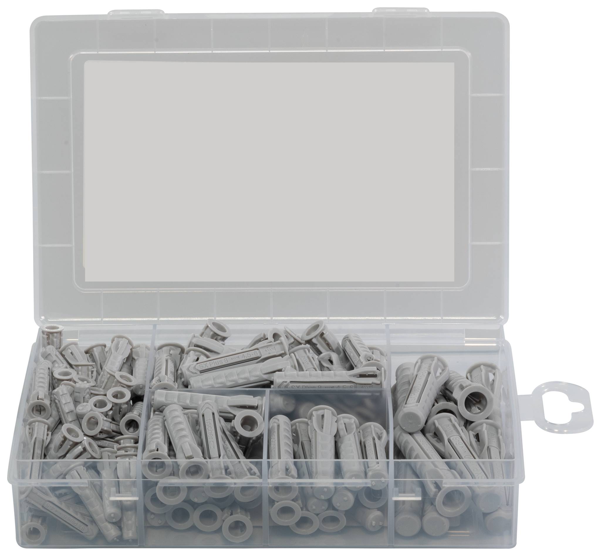 Boîte organisatrice en plastique remplie de chevilles murales assortis en gris et de bouchons, divisée en compartiments.