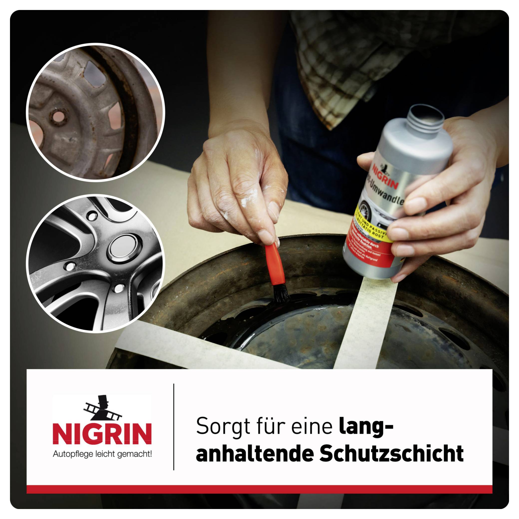 Une personne applique une substance sur une roue de voiture à l'aide d'un pinceau. Texte : 'Nigrin - Assure une couche de protection durable'.