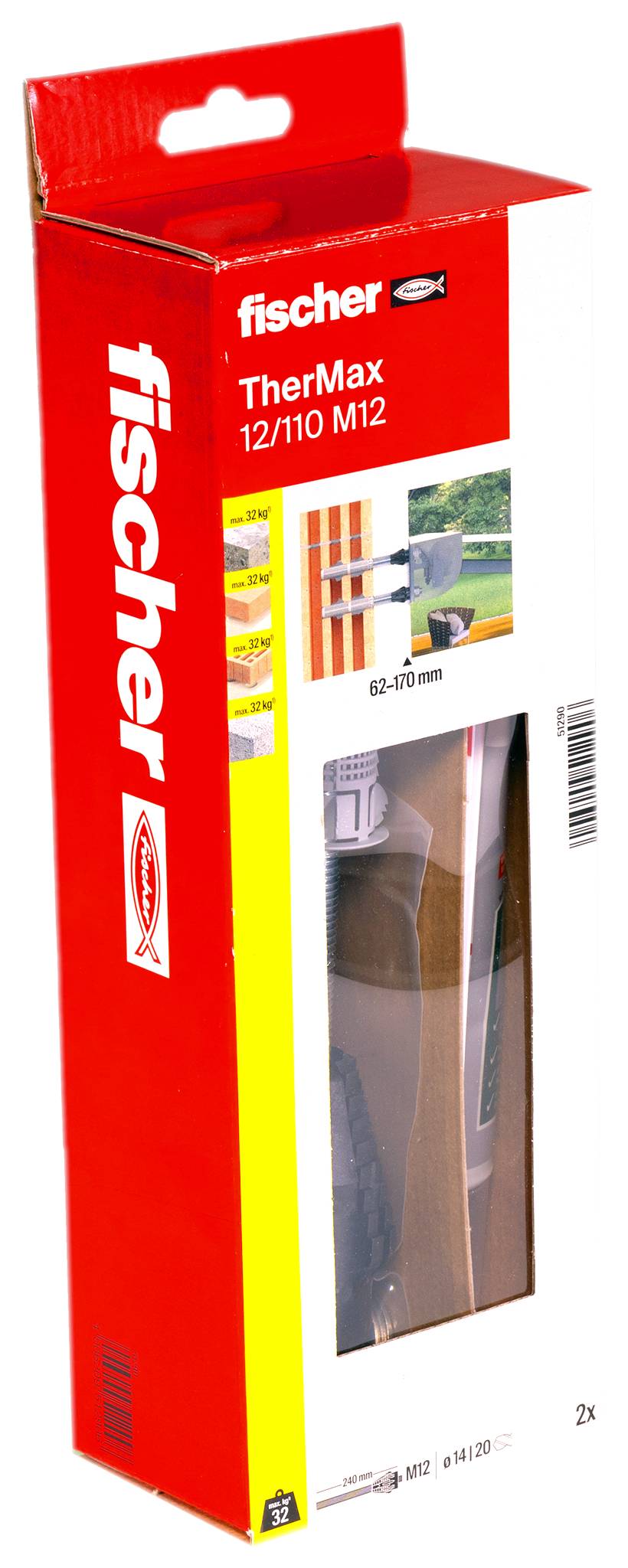 Paquet Red Fischer 'TherMax 12/110 M12' affichant les chevilles de fixation de l'isolation, avec image du produit et fenêtre d'affichage claire.