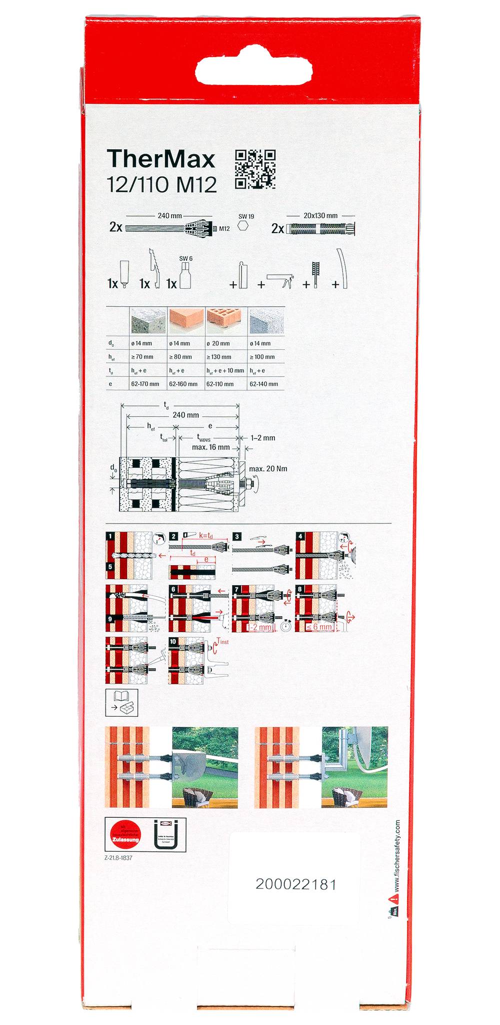 Verso de l'emballage TherMax 12/110 M12 montrant les schémas techniques, les dimensions, les étapes d'installation et les exemples d'application pour la fixation.