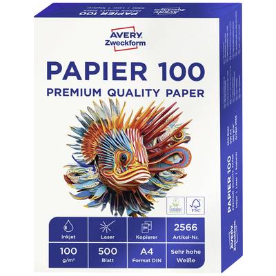 Emballage de papier Avery Zweckform 100. Contient 500 feuilles, format A4, 100 g/m². Adapté aux imprimantes jet d'encre, laser et photocopieurs. Écolabel et certificat FSC.