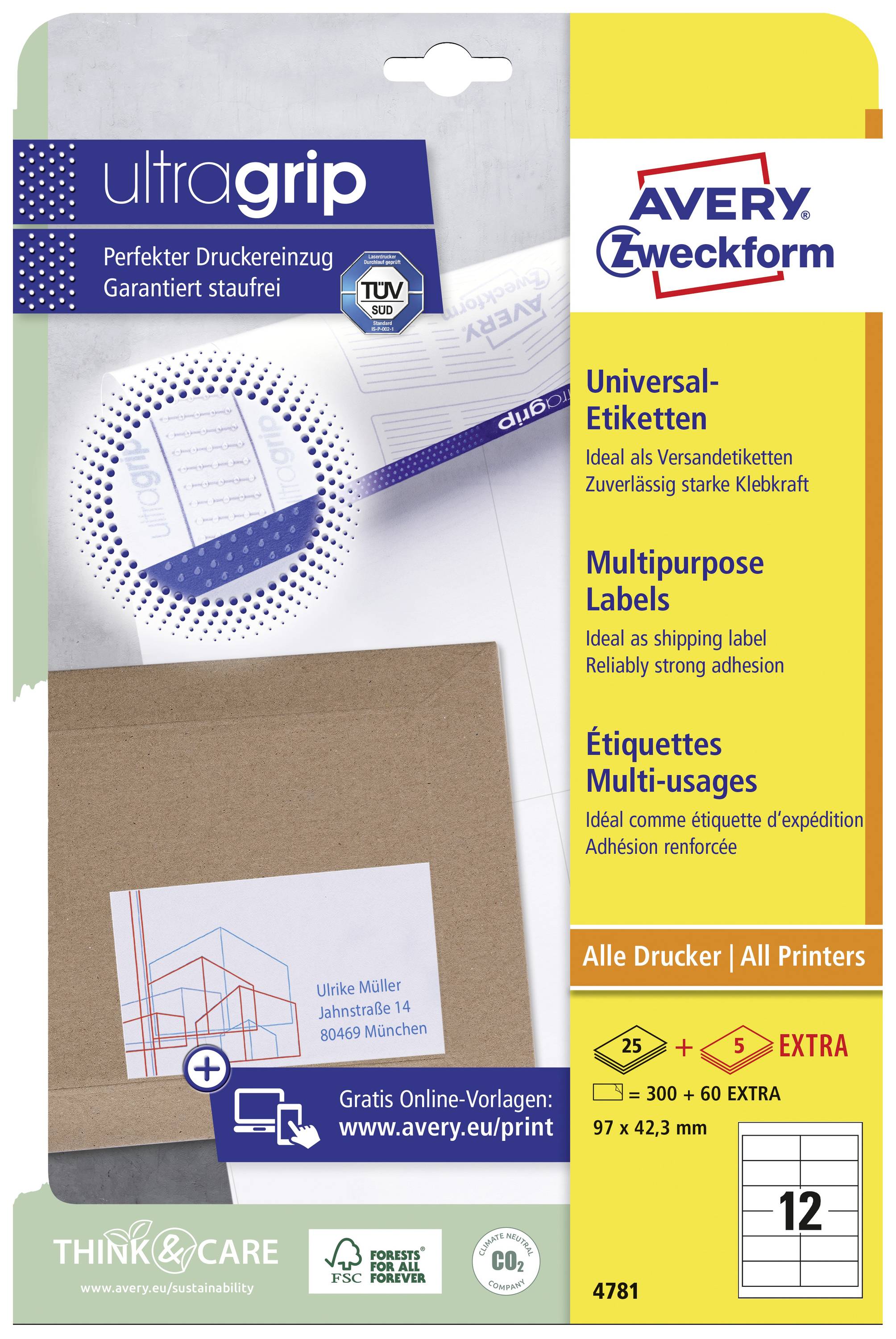 Paquet d'étiquettes universelles Avery Zweckform, indique les informations suivantes : taille de l'étiquette 97 x 42,3 mm, 12 étiquettes par feuille, adhésif extra-fort.