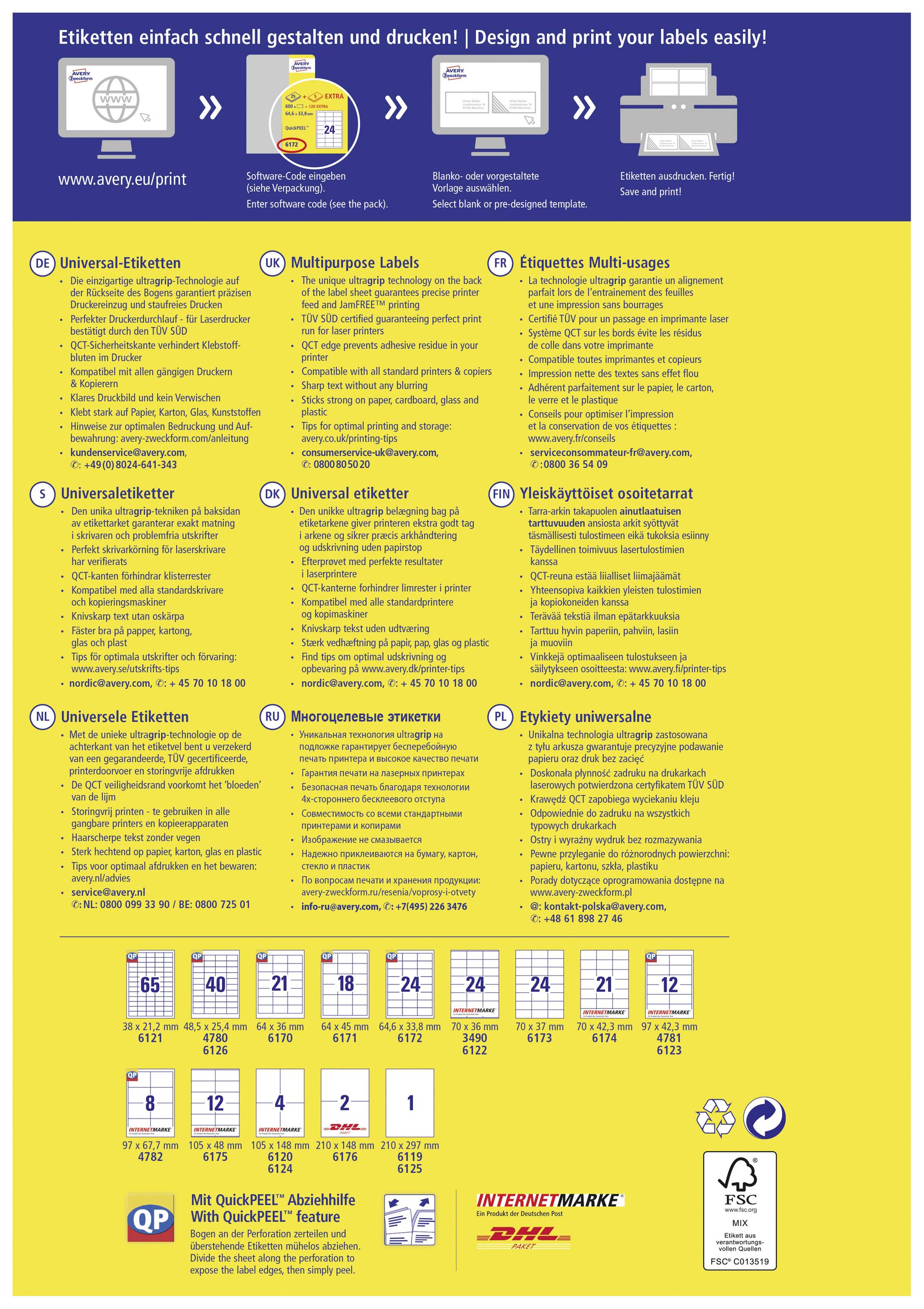 'Créez et imprimez rapidement et facilement des étiquettes.' Affiche jaune avec des informations sur différents types d'étiquettes et des instructions.