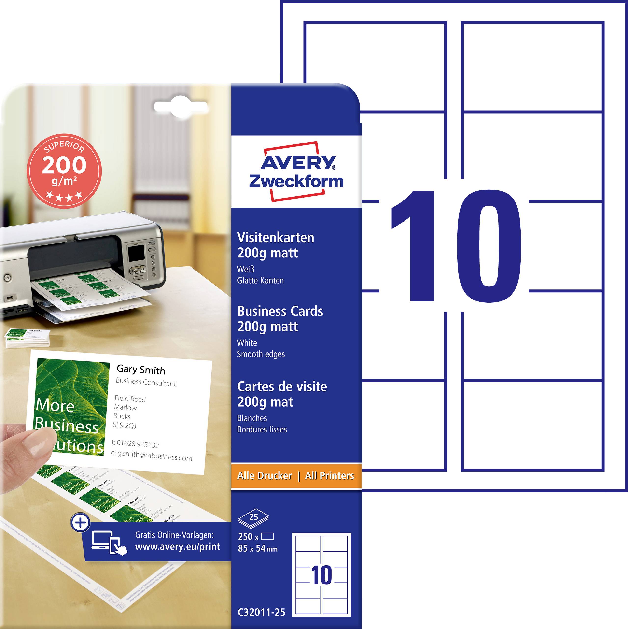 Papier de cartes de visite Avery Zweckform en paquet montrant 10 cartes imprimables par feuille, 200 g/m² blanc mat, avec un exemple de carte de visite et une imprimante.