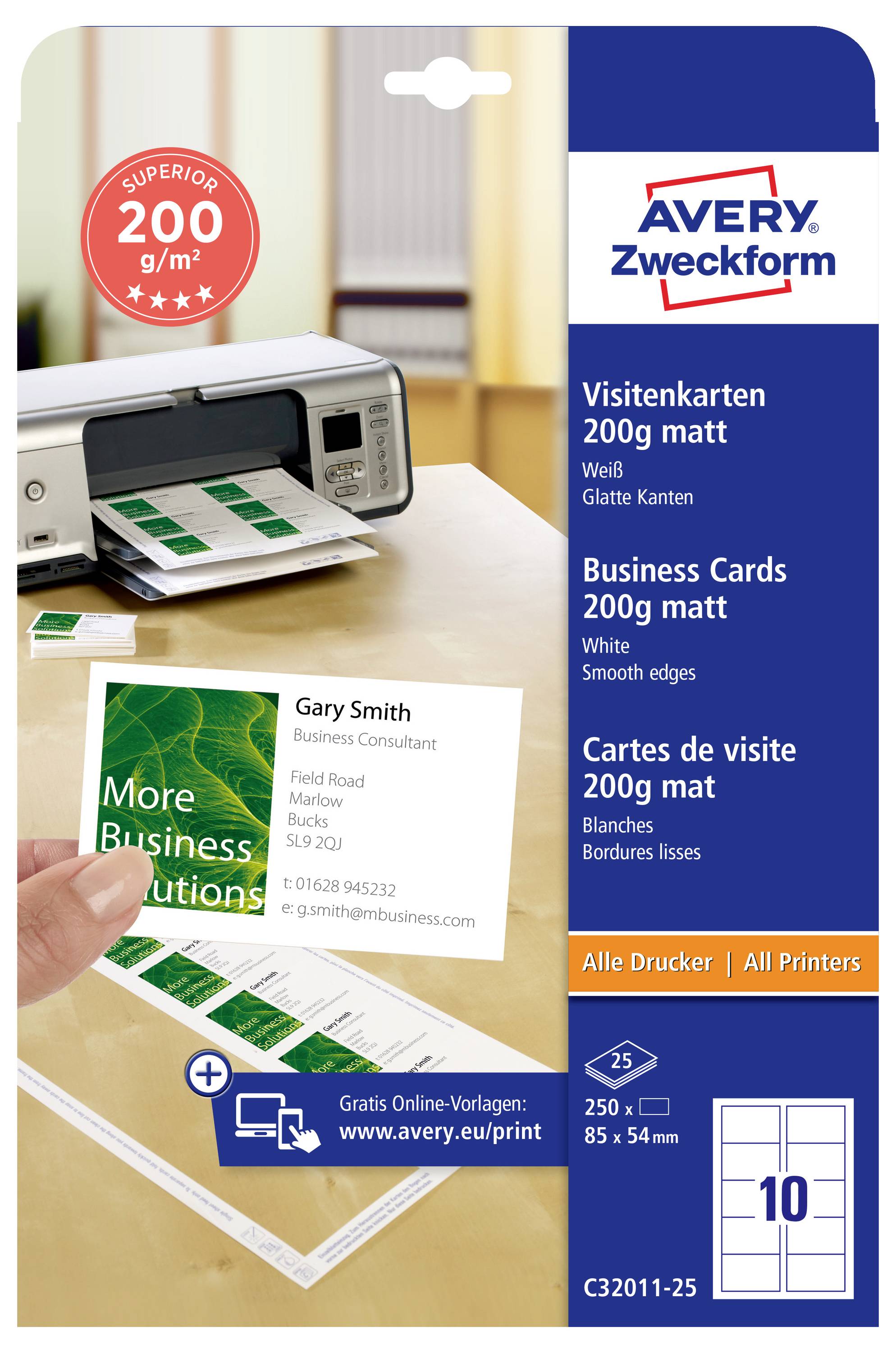 Emballage de papier de cartes de visite Avery Zweckform affichant des cartes blanc mat de 200 g/m² pour tous les imprimantes, avec des cartes imprimées échantillon et une imprimante.
