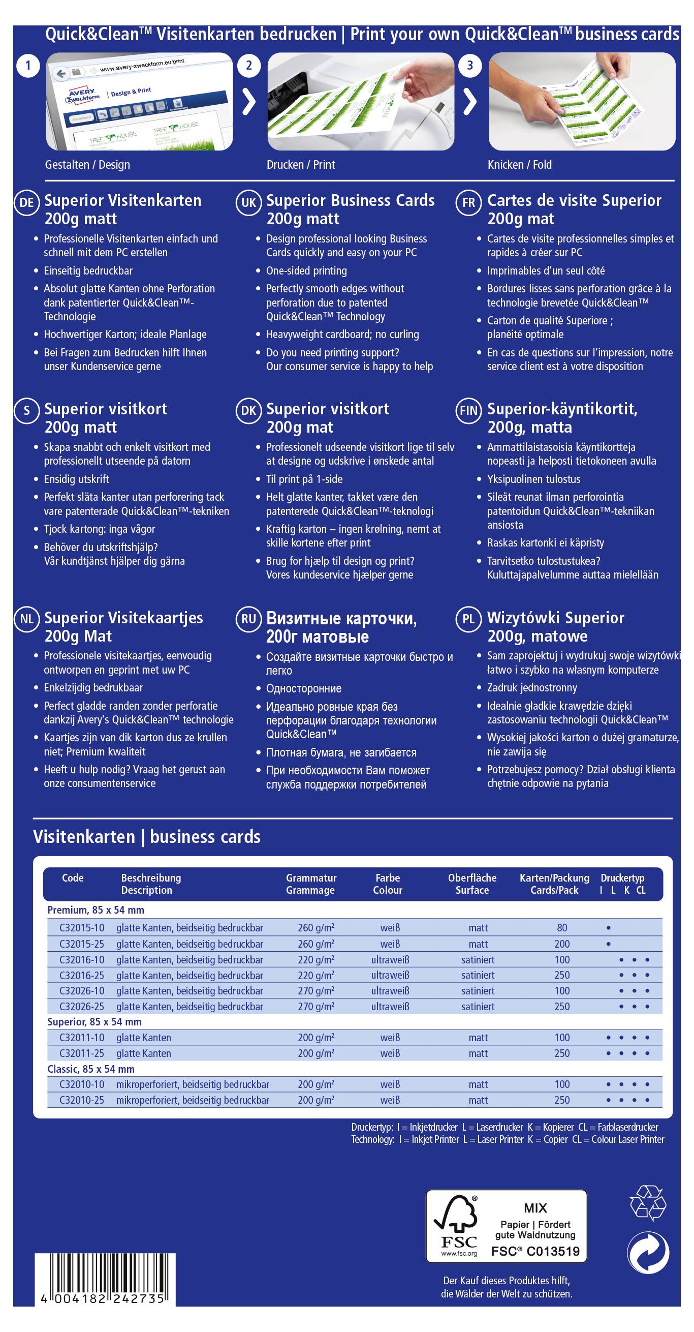 Tract publicitaire bleu pour les cartes de visite imprimables QuickClean, présentant trois modèles d'échantillon de cartes et des détails de produit multilingues, avec un tableau de tarification/spécifications et des logos de recyclage FSC en bas.