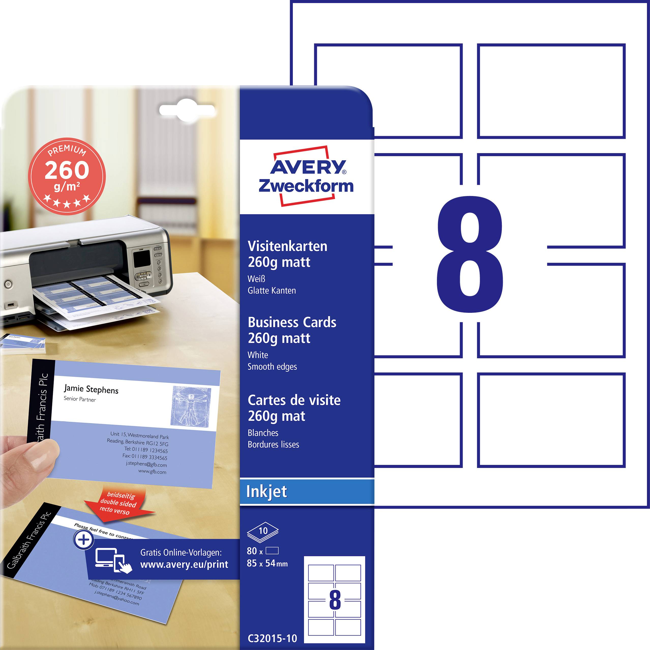 Papier pour cartes de visite Avery Zweckform pour imprimantes à jet d'encre, 260 g/m² blanc mat, 8 cartes par feuille, présenté avec des cartes imprimées d'exemple et une mise en page de modèle.