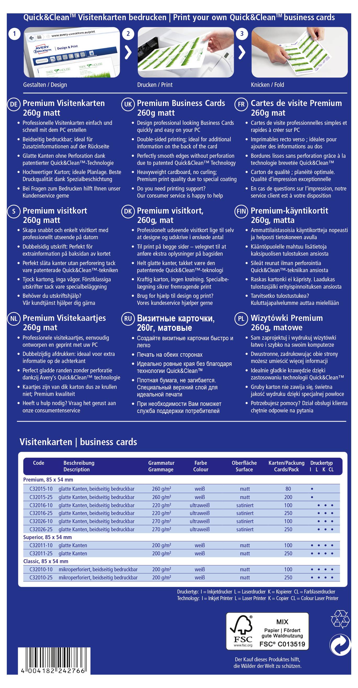 Brochure bleue annonçant « Imprimez vos propres cartes de visite QuickClean » avec trois images étape par étape, options de produits, un tableau des tailles/spécifications et des logos FSC/recyclage.