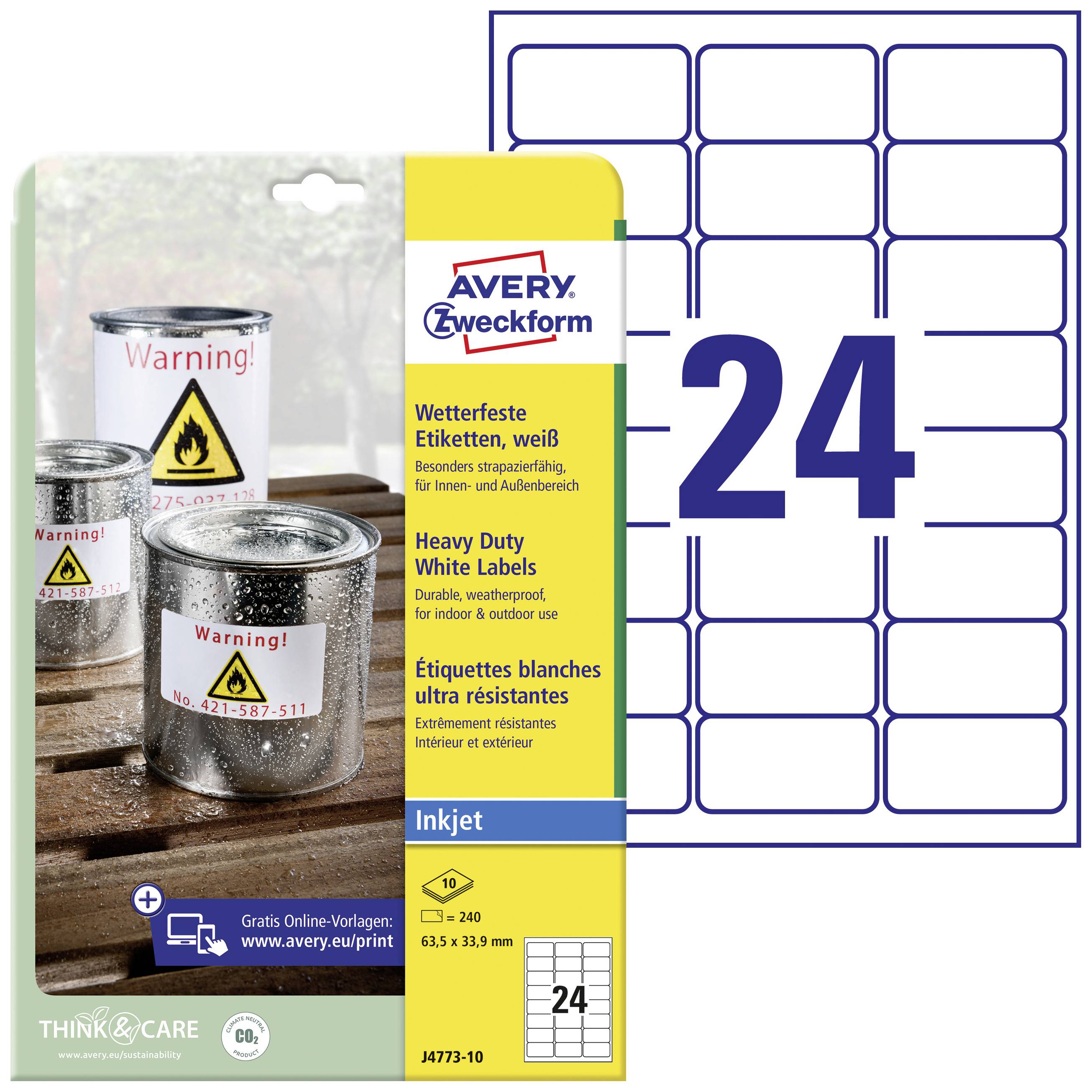 Etiquette ultra-résistantes Avery-Zweckform J4773-10 63.5 x 33.9 mm film de polyester blanc 240 pc(s) fixation permanent