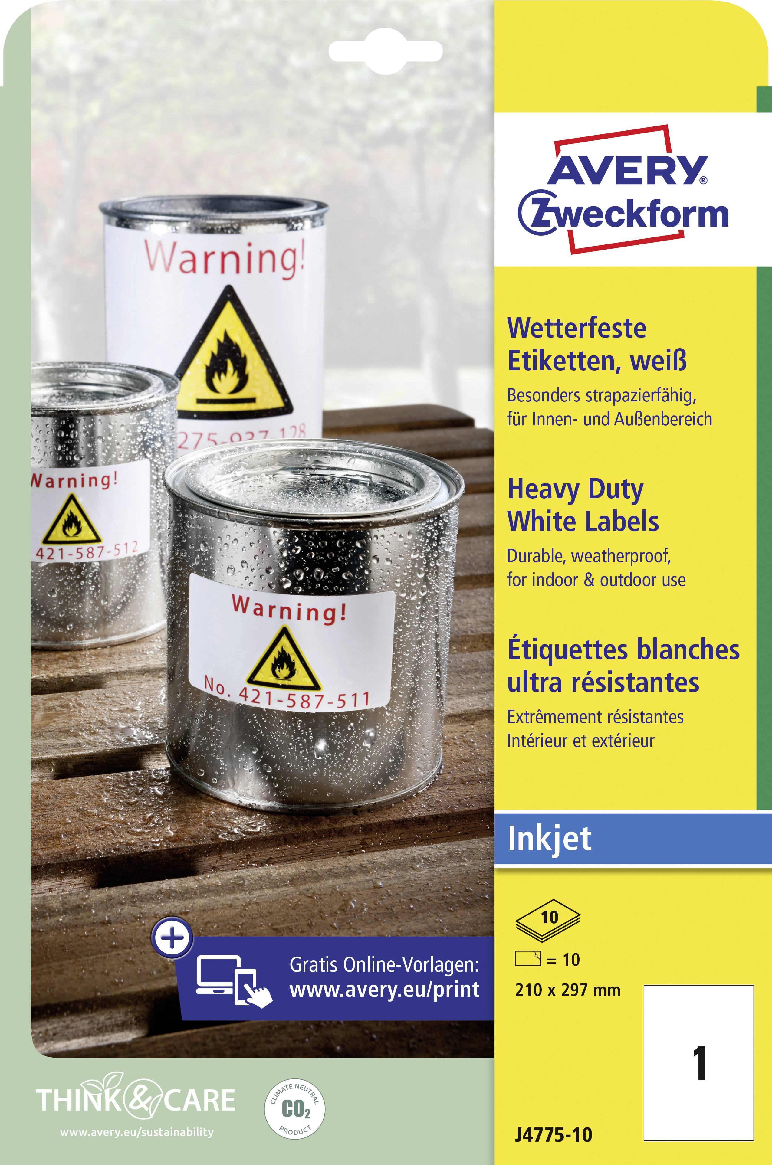 Trois boîtes avec des panneaux d'avertissement. Exemple de texte : Étiquettes pour étiquettes résistantes aux intempéries, adaptées à l'extérieur. Produit Avery Zweckform.