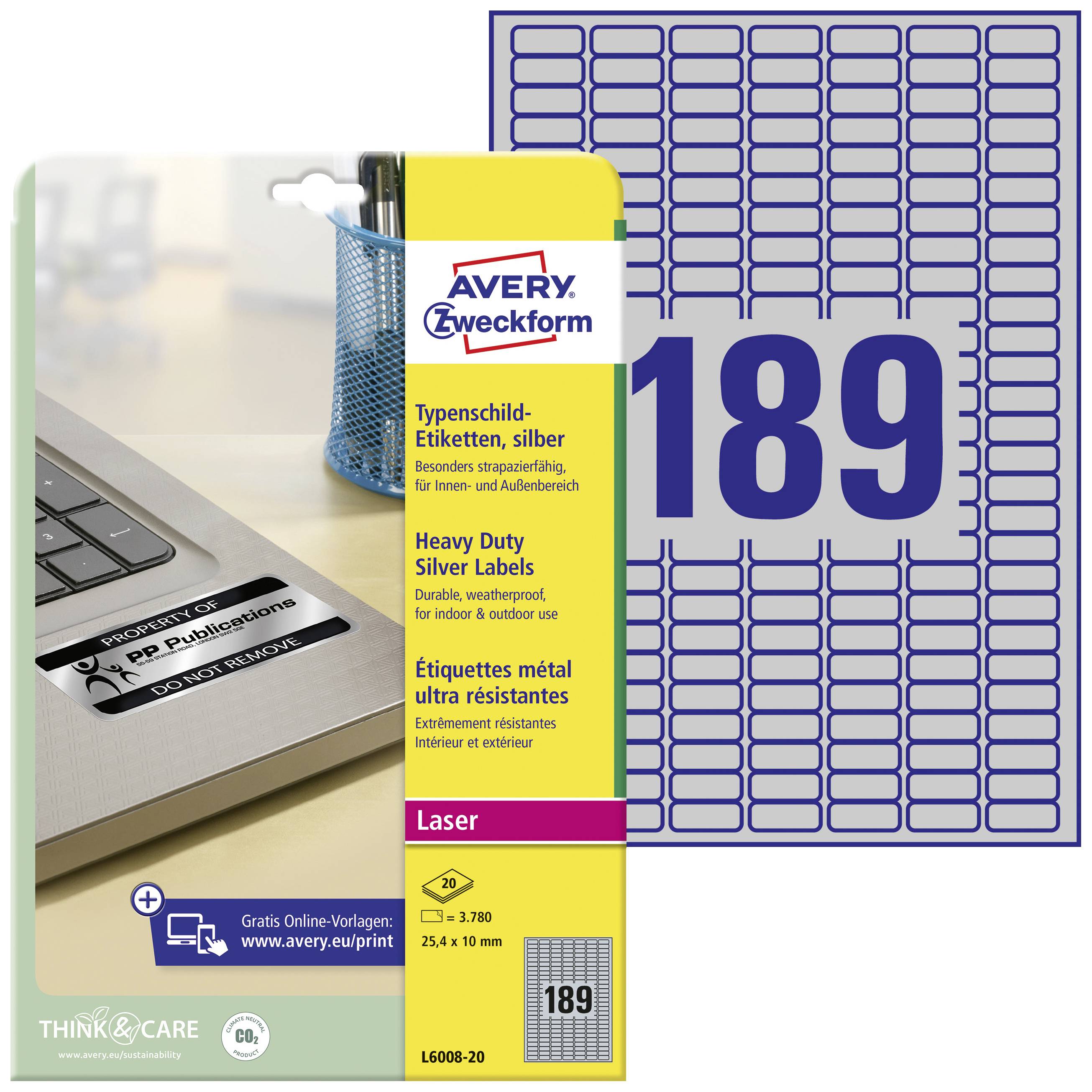 Avery-Zweckform L6008-20 Etiquette plaques signalétiques 25.4 x 10 mm film de polyester argent 3780 pc(s) fixation perma