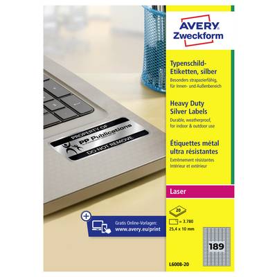 Avery-Zweckform L6008-20 Etiquette plaques signalétiques 25.4 x 10 mm film de polyester argent 3780 pc(s) fixation perma-0