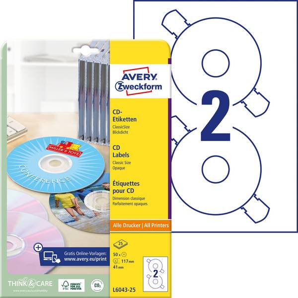 Avery-Zweckform L6043-25 Etiquette pour CD Ø 117 mm papier blanc 50 pc(s) fixation permanente  imprimante à jet d'encre, imprimante laser, imprimante laser couleur, photocopieuse, photocopieuse couleur, inscription à main