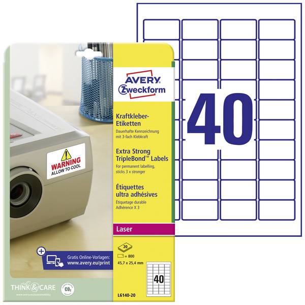 Etiquette ultra-adhésives Avery-Zweckform L6140-20 45.7 x 25.4 mm film de polyester blanc 800 pc(s) fixation permanente