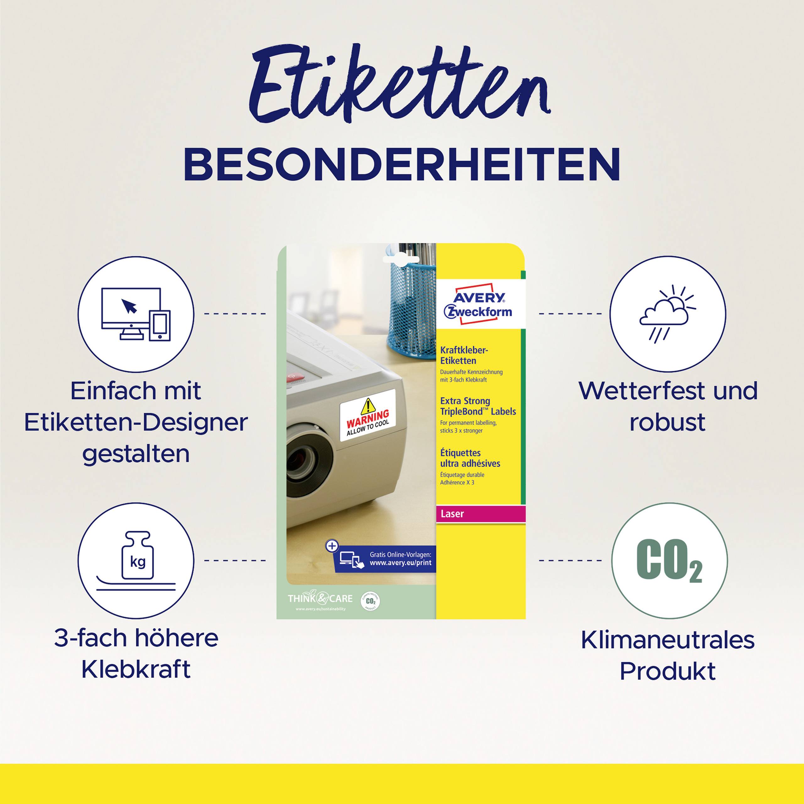 Étiquettes aux caractéristiques spéciales : résistantes aux intempéries, robustes, neutres en carbone, triple adhésivité et faciles à personnaliser.