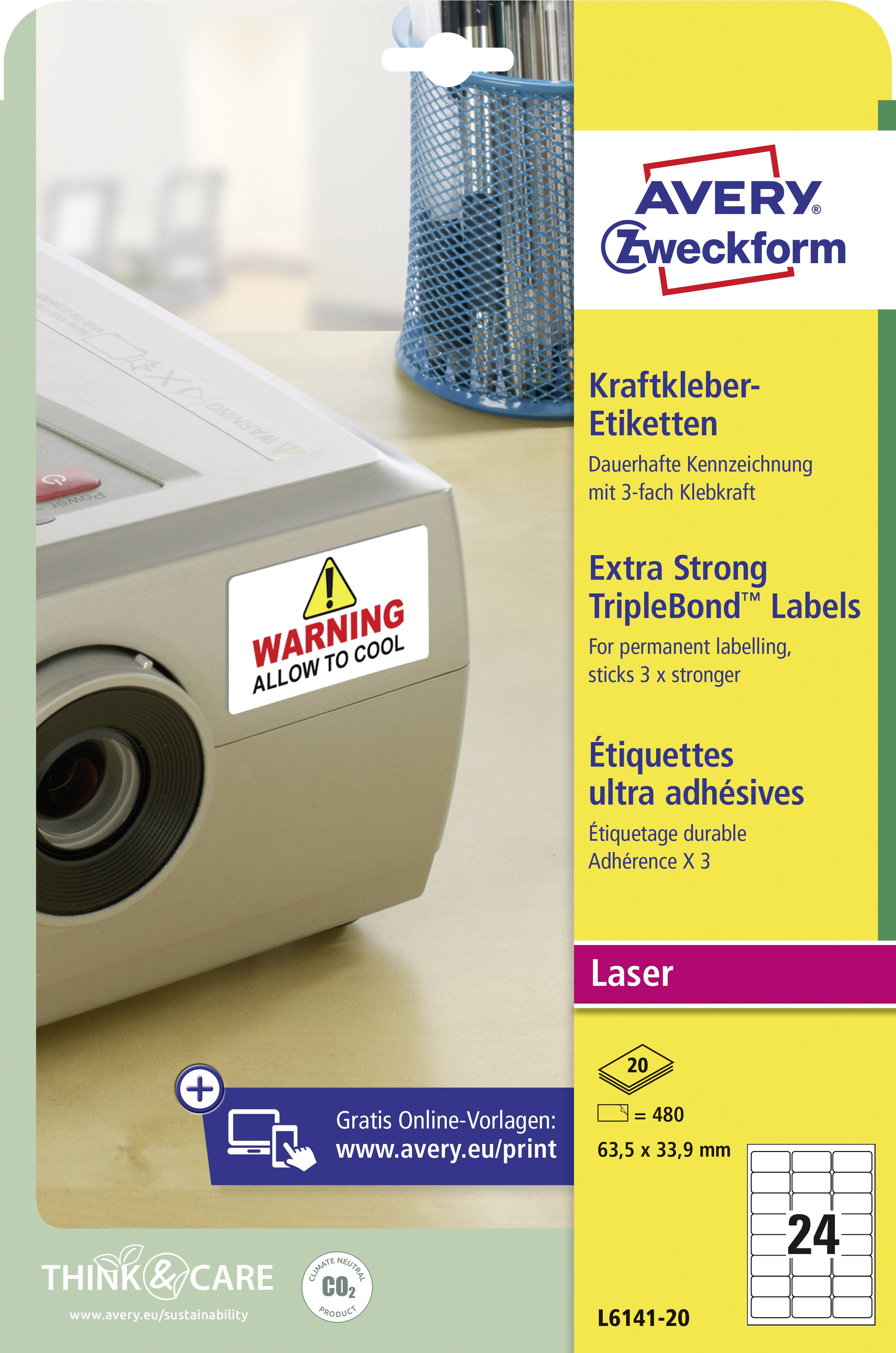 'Étiquettes Avery Zweckform, adaptées aux imprimantes laser, avec une adhérence forte et impression d'étiquettes d'avertissement. 24 étiquettes par paquet.'