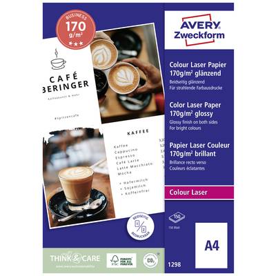 Emballage pour papier laser couleur 'Avery Zweckform', 170g/m², format A4, lisse, 150 feuilles. Image de café et menu sur la face avant.