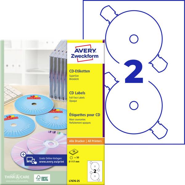 Avery-Zweckform L7676-25 Etiquette pour CD Ø 117 mm papier blanc 50 pc(s) fixation permanente  imprimante à jet d'encre, imprimante laser, imprimante laser couleur, photocopieuse, photocopieuse couleur, inscription à main