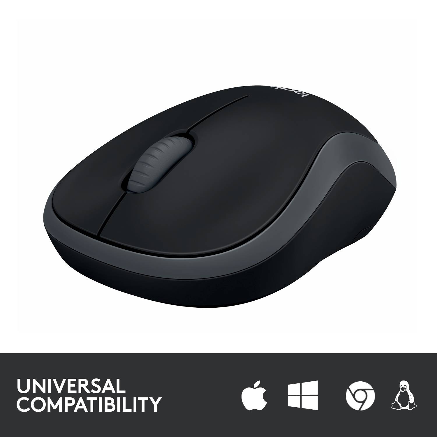 Une main utilise une souris d'ordinateur noire, avec le texte en dessous : « Compact et confortable ».