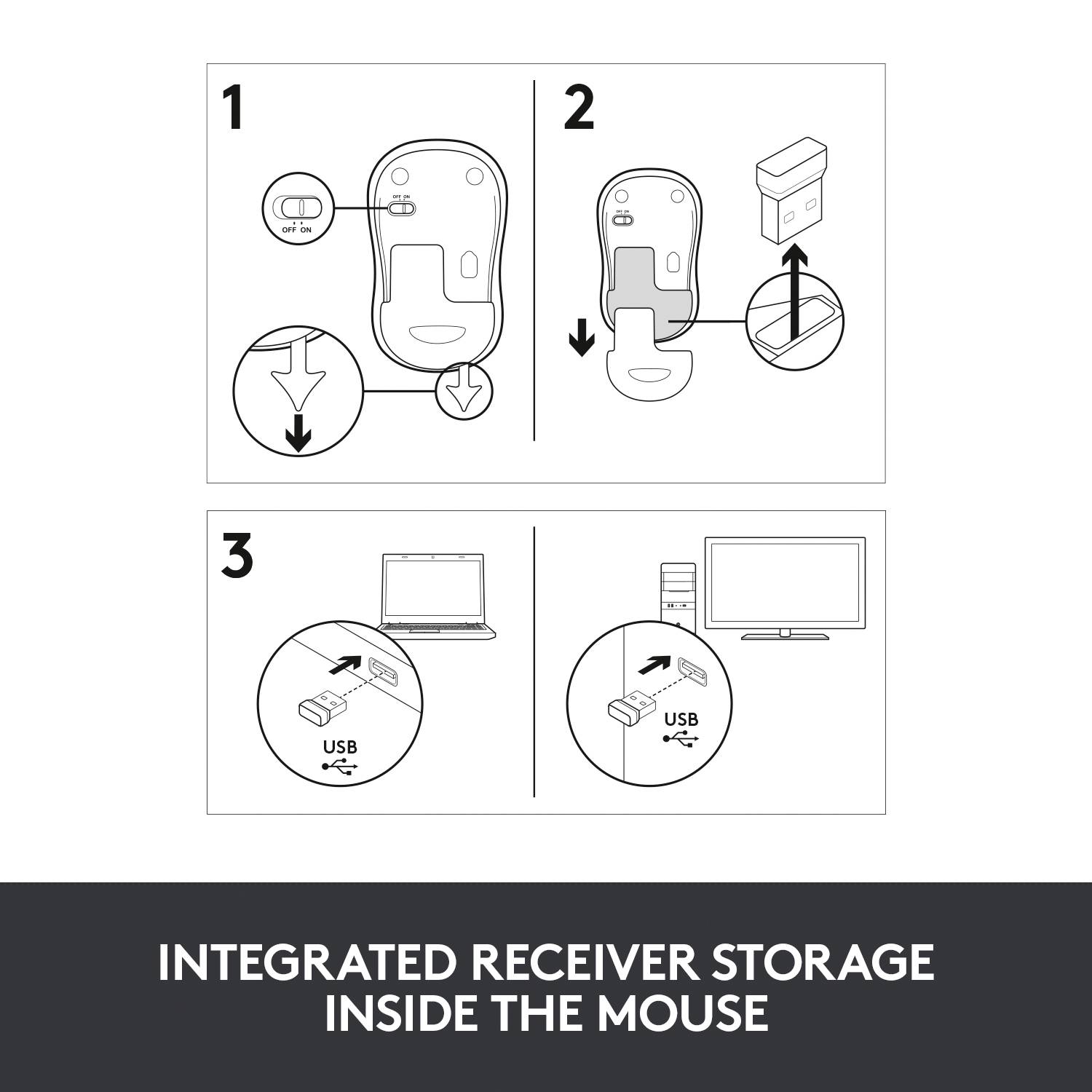 Un homme travaille sur un ordinateur portable avec une souris mobile sur une table. Sous-titre : 'Travailler partout avec une souris mobile'.
