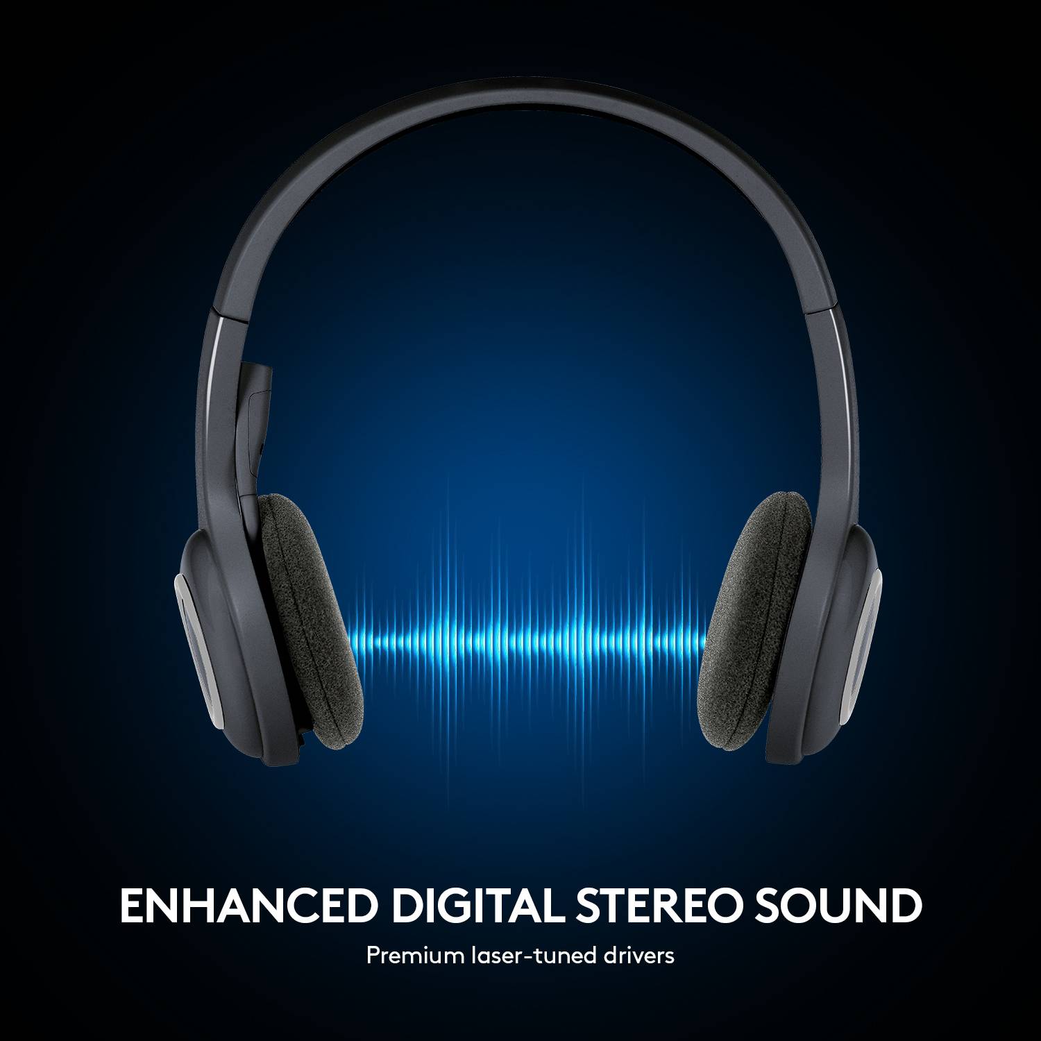 Casque audio devant un fond bleu avec des ondes sonores. Texte : 'Son stéréo numérique amélioré, Haut-parleurs laser de haute précision'.