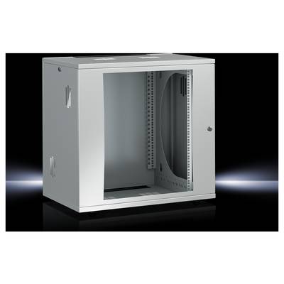 Un boîtier de rack serveur gris monté sur mur, avec façade ouverte pour faciliter le câblage et le stockage des équipements.