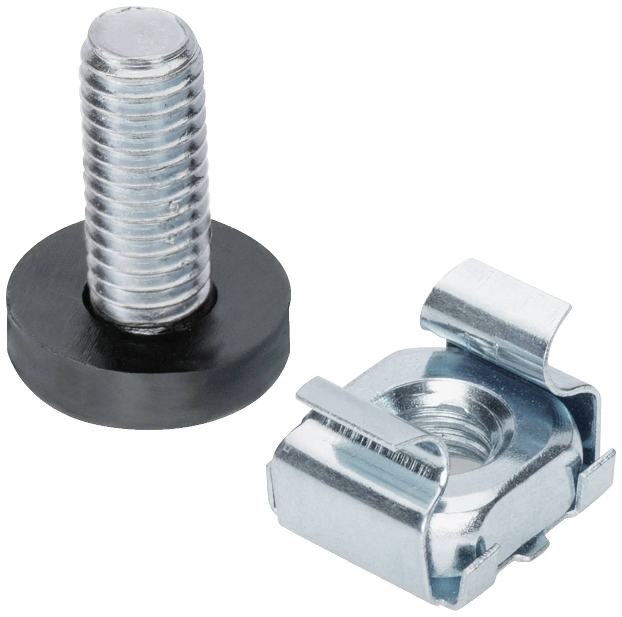Vis en métal et écrou-cage sur fond blanc. La vis est munie d'une rondelle plate.
