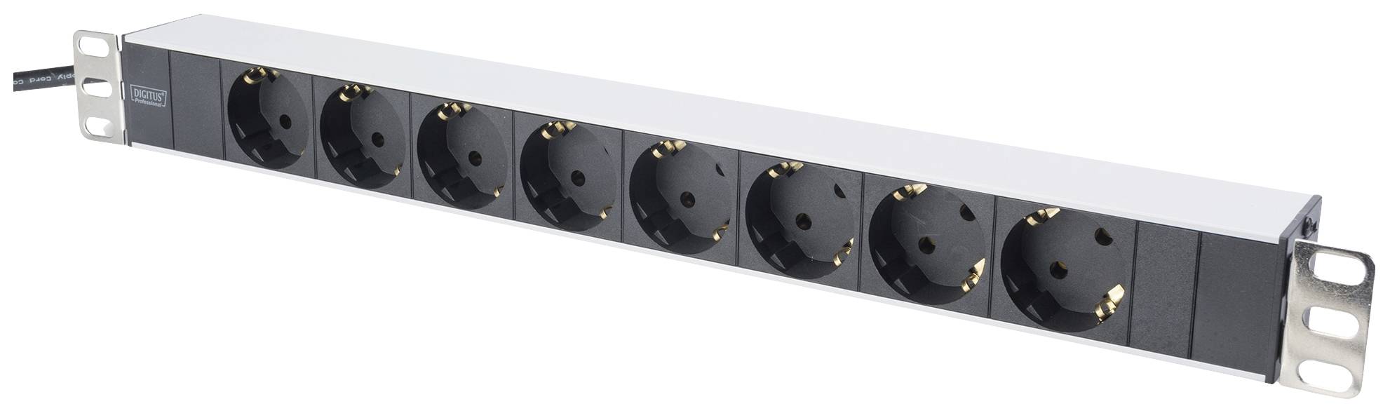 Une barrette d'alimentation à huit prises Schuko, adaptable en rack 19 pouces, pour la distribution électrique dans une armoire serveur.