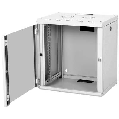 Un armoire réseau murale ouverte en métal, blanche, avec une porte sur le côté gauche, prête à accueillir des équipements réseau.