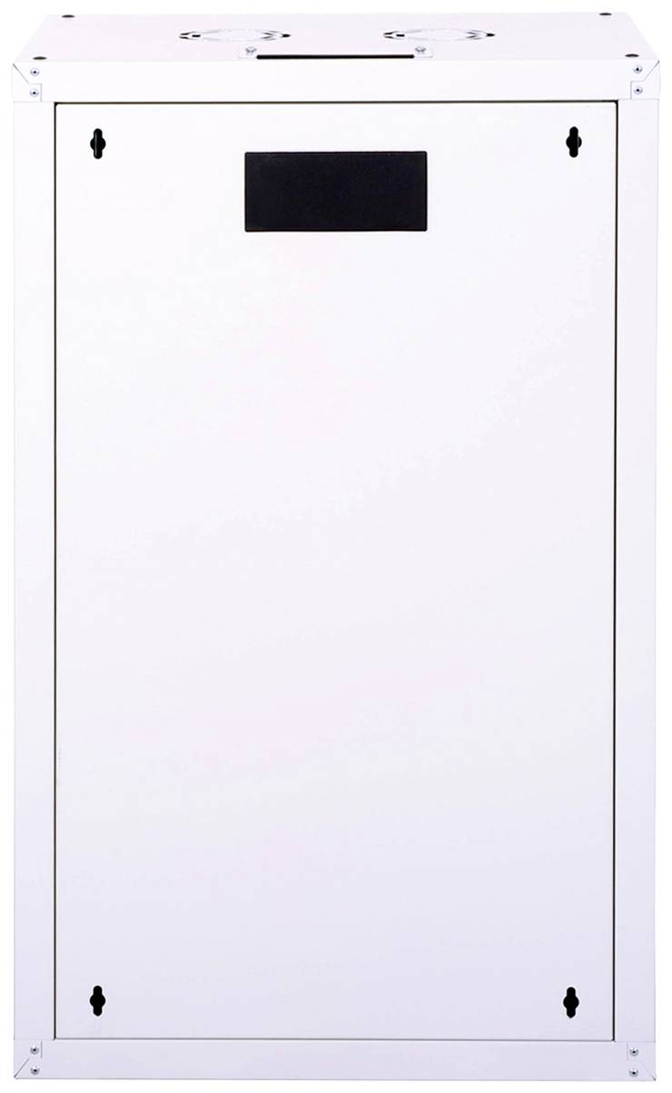 Un placard rectangulaire en métal blanc avec un tableau noir au centre ; il peut être verrouillé et possède des angles arrondis.